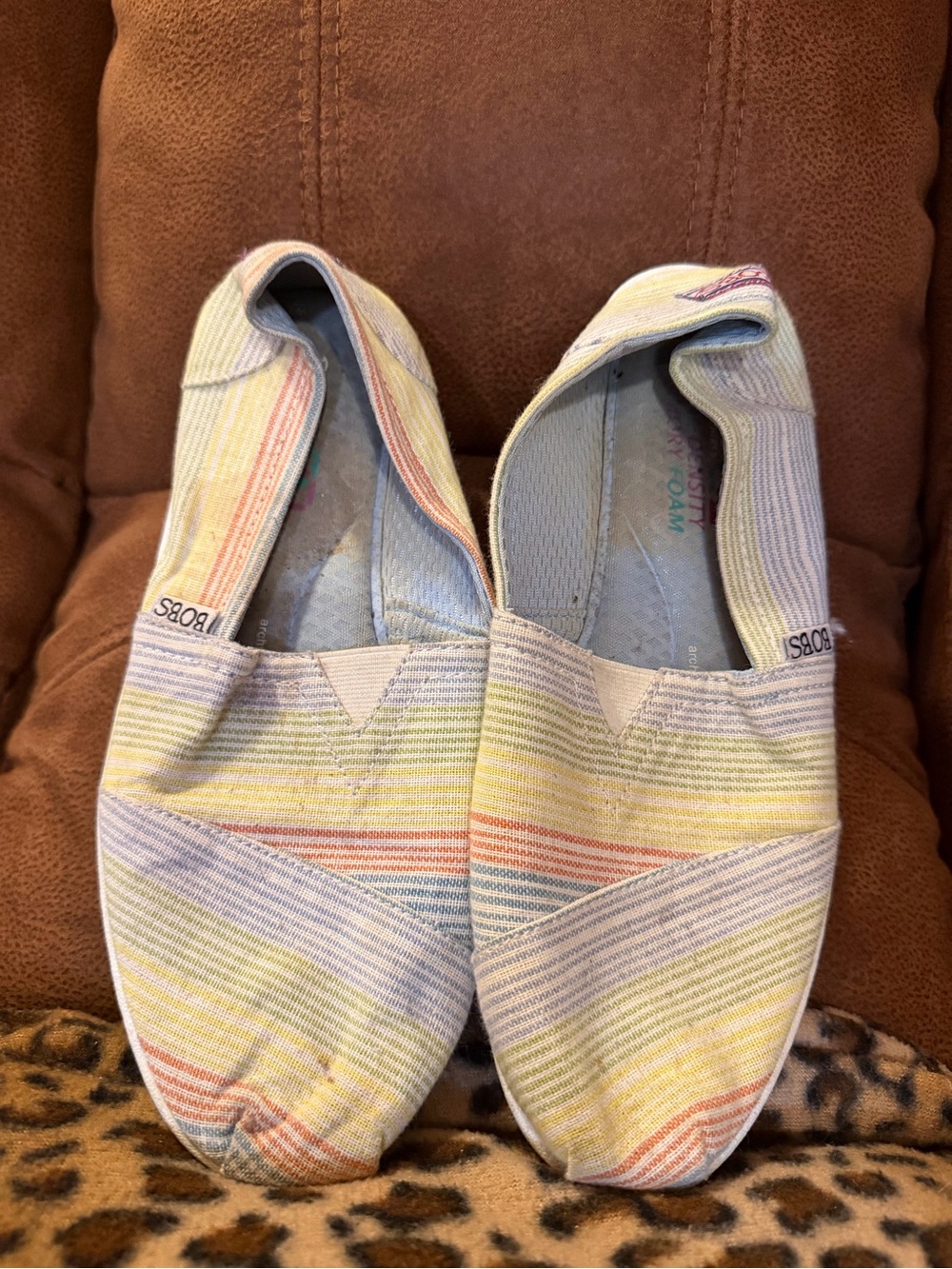 Skechers BOBS Slip-On Canvas Shoes in Pastel Stripe, Black, and denim